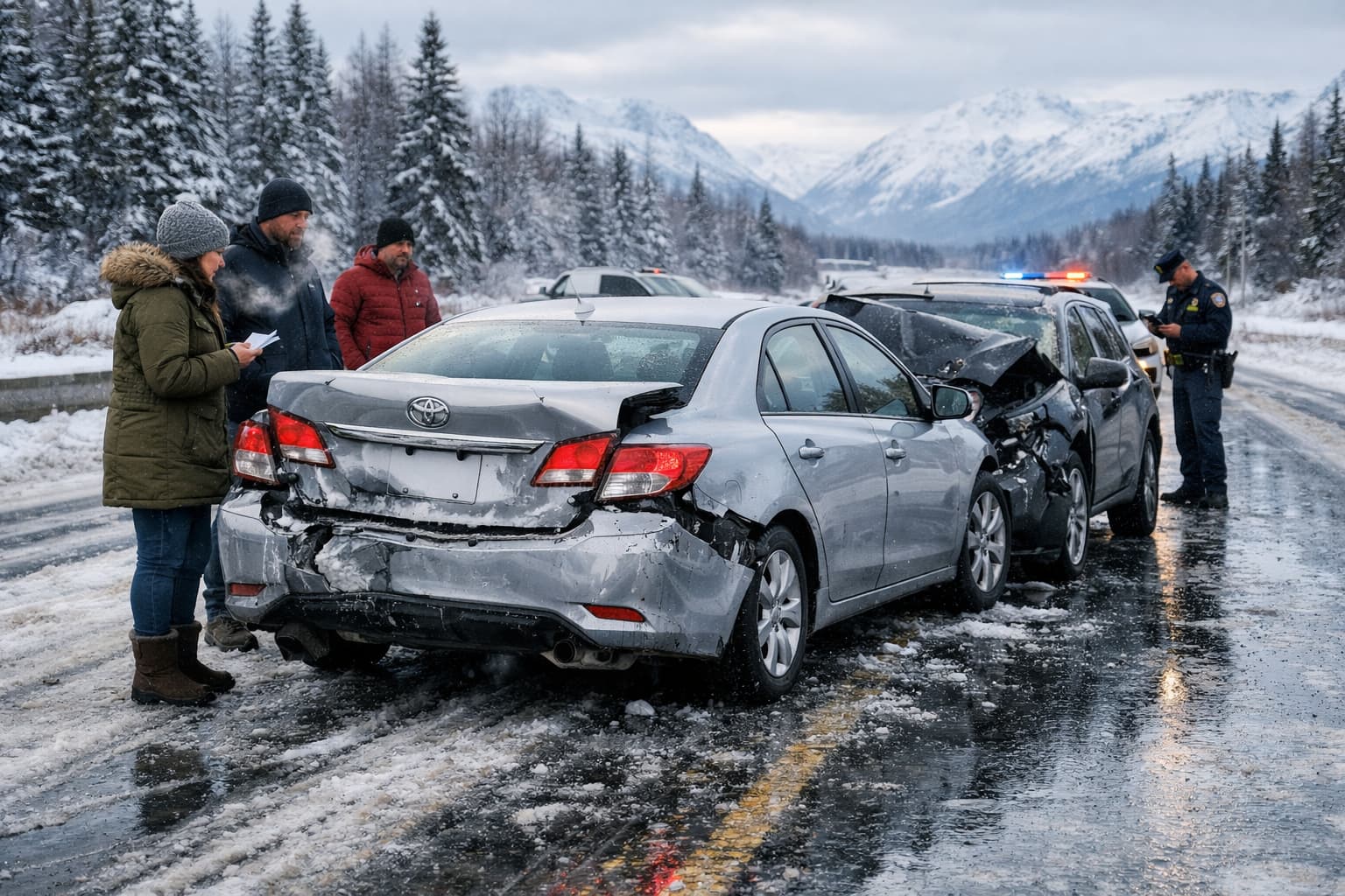 anchorage-alaska-chain-reaction-rear-end-accident-icy-road-liability Three-car chain-reaction rear-end accident on an icy Anchorage Alaska highway showing middle car pushed into front vehicle illustrating fault and liability in snowy winter conditions