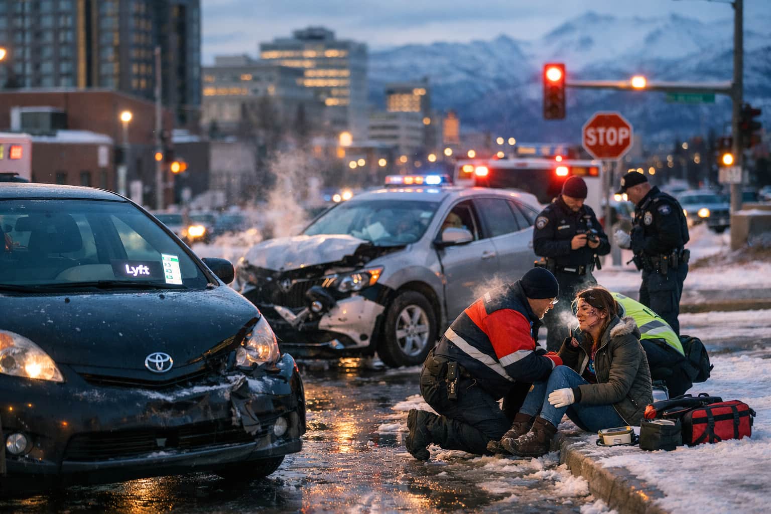 anchorage-commercial-truck-accident-liability-scene-alaska Multi-vehicle accident scene in Anchorage, Alaska involving a commercial truck, emergency responders assisting injured individuals, illustrating complex trucking accident liability with multiple parties and icy road conditions