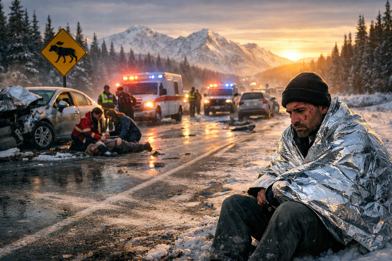 parks-highway-alaska-car-accident-injury-scene-high-speed-collision Injured man at high speed car accident scene on Parks Highway Alaska with emergency response vehicles